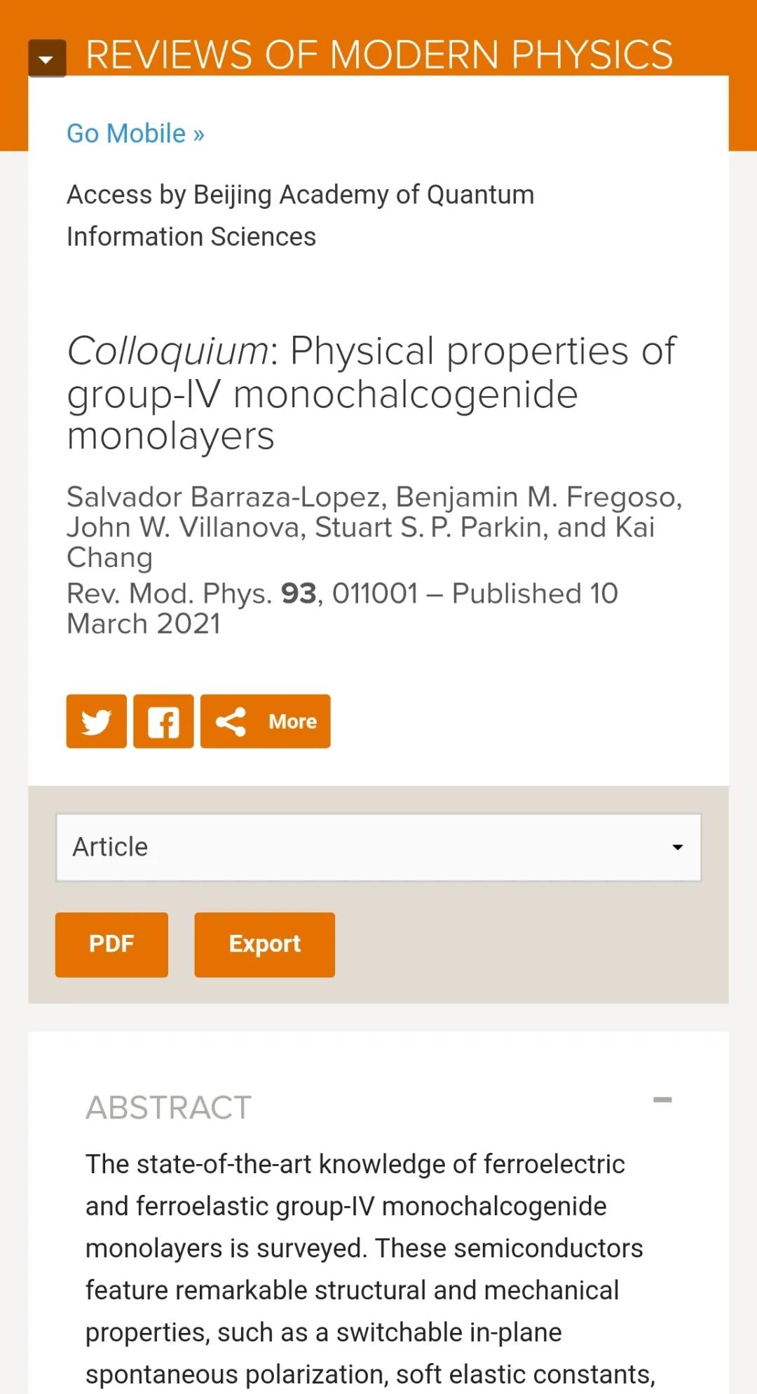 常凯等在《现代物理评论》上发表综述文章 总结单层IV-VI族二维半导体研究进展